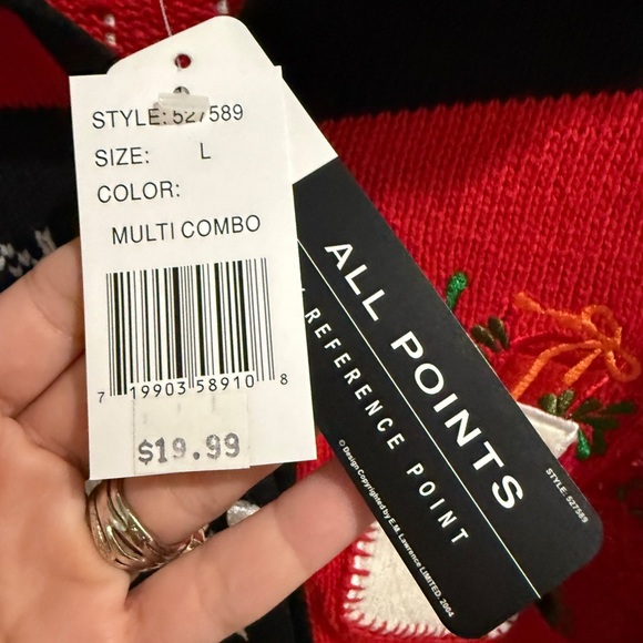 Women's Festive Red Black Sweater Holiday Christmas Furry Collar Fabric Buttons - Picture 7 of 7